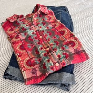 Johnny Was Sleeveless Plaid Blouse w Embroidery Sz Small